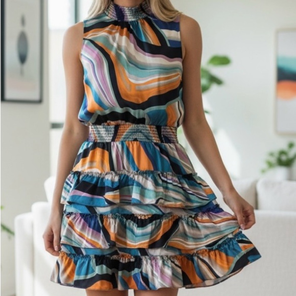 MSK Blue Purple Asymmetrical Tiered Ruffle Hem Retro Artsy Brunch Dress M NWT